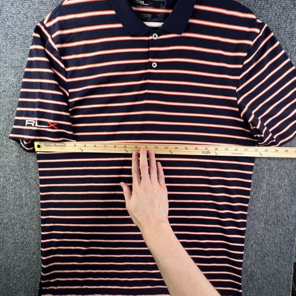 RLX Ralph Lauren Polo Shirt Men's Medium Blue Orange Striped Golf Nylon Stretch - Picture 5 of 9